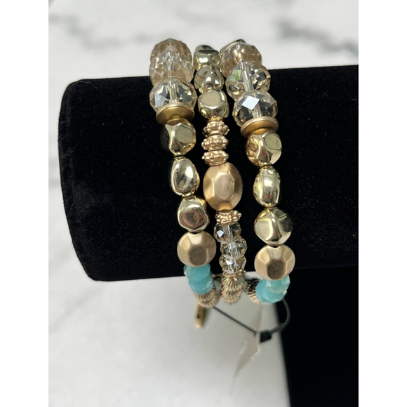 Chico's Women’s Triple Stacked Crystal Stretch Bracelet Gold and Blue NWT - Picture 1 of 3